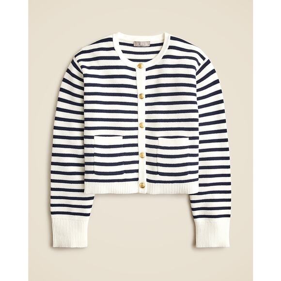 J. Crew Emilie Sweater Lady Jacket Stripe Crop Button Front Navy White Size S - Picture 1 of 8